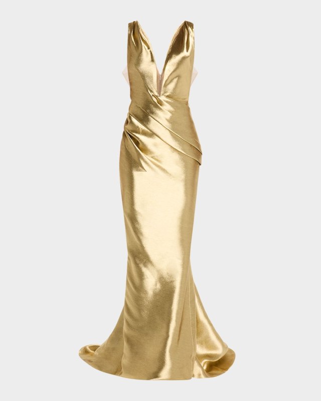 Plunging Draped Metallic Tapered Gown